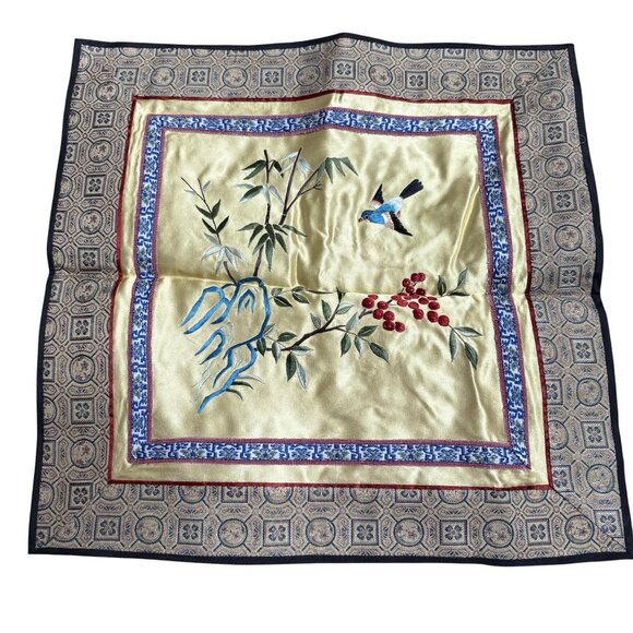 Vintage Silk 12x12 Silk Pillow Cover Bird & Bamboo Embroidery Pattern - Picture 1 of 2